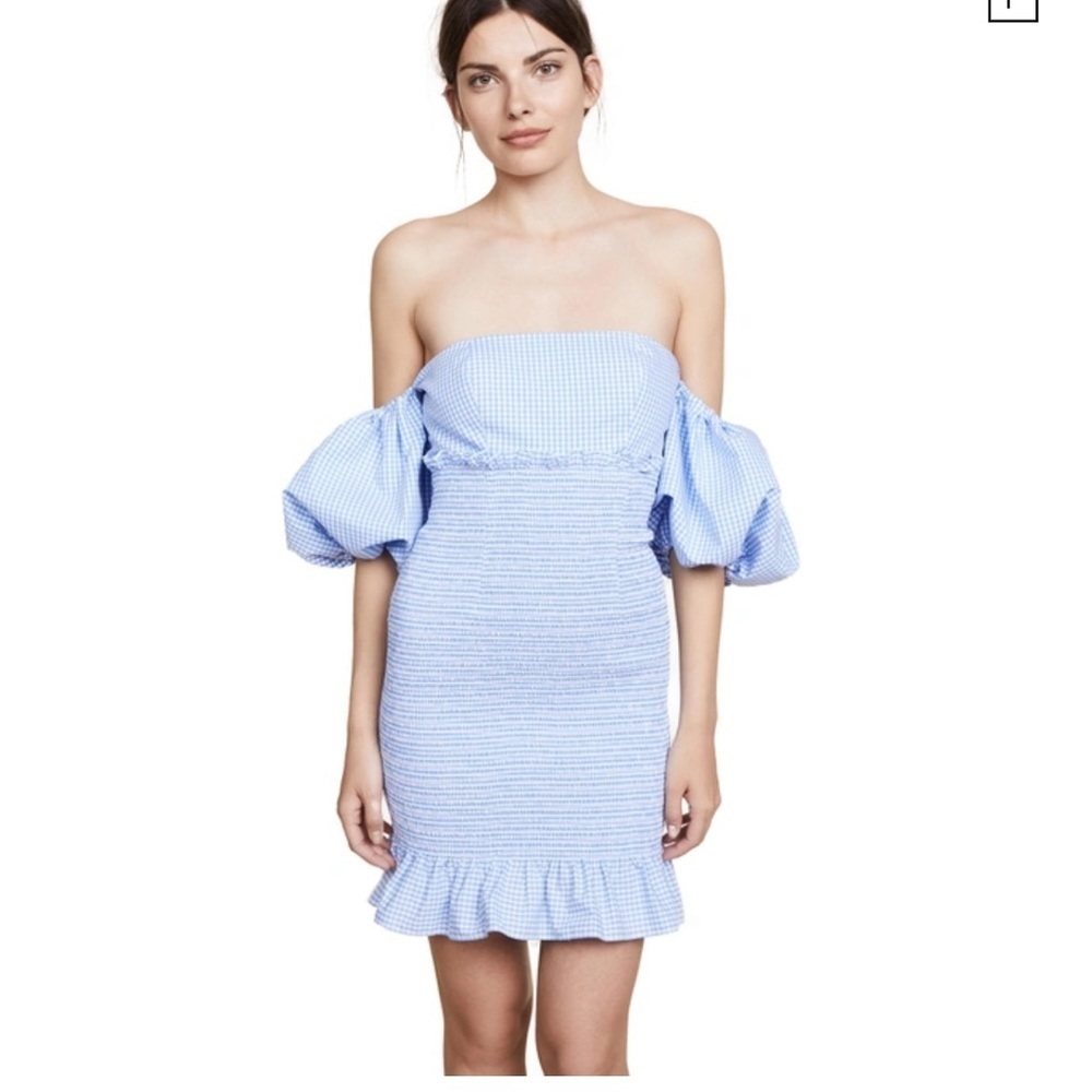 PETERSYN Winona Mini Dress In Azure gingham off shoulder puff sleeves XS